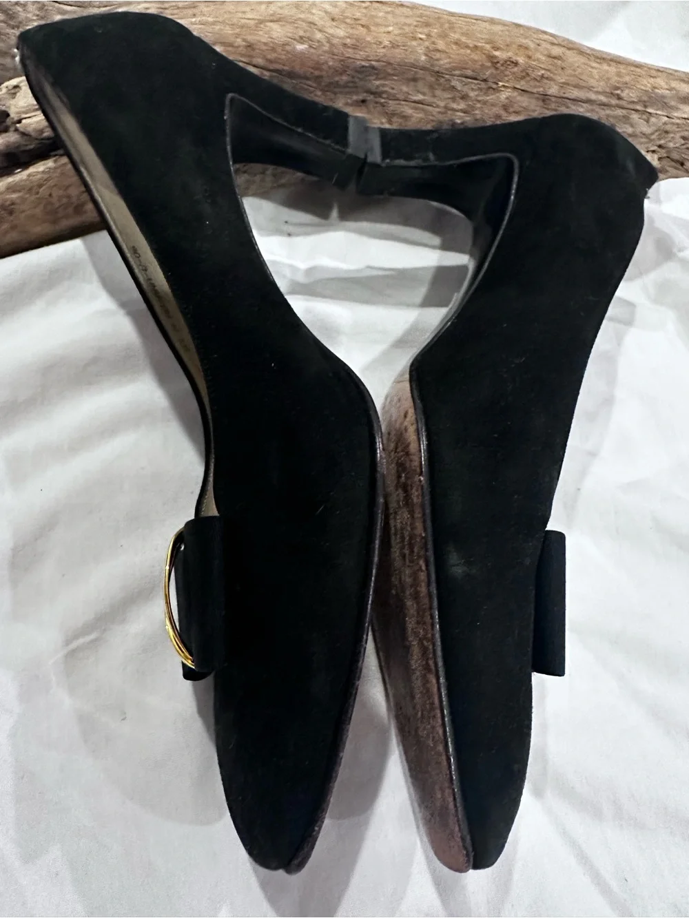 Bally Black Suede Pumps with Gold Bow Accent